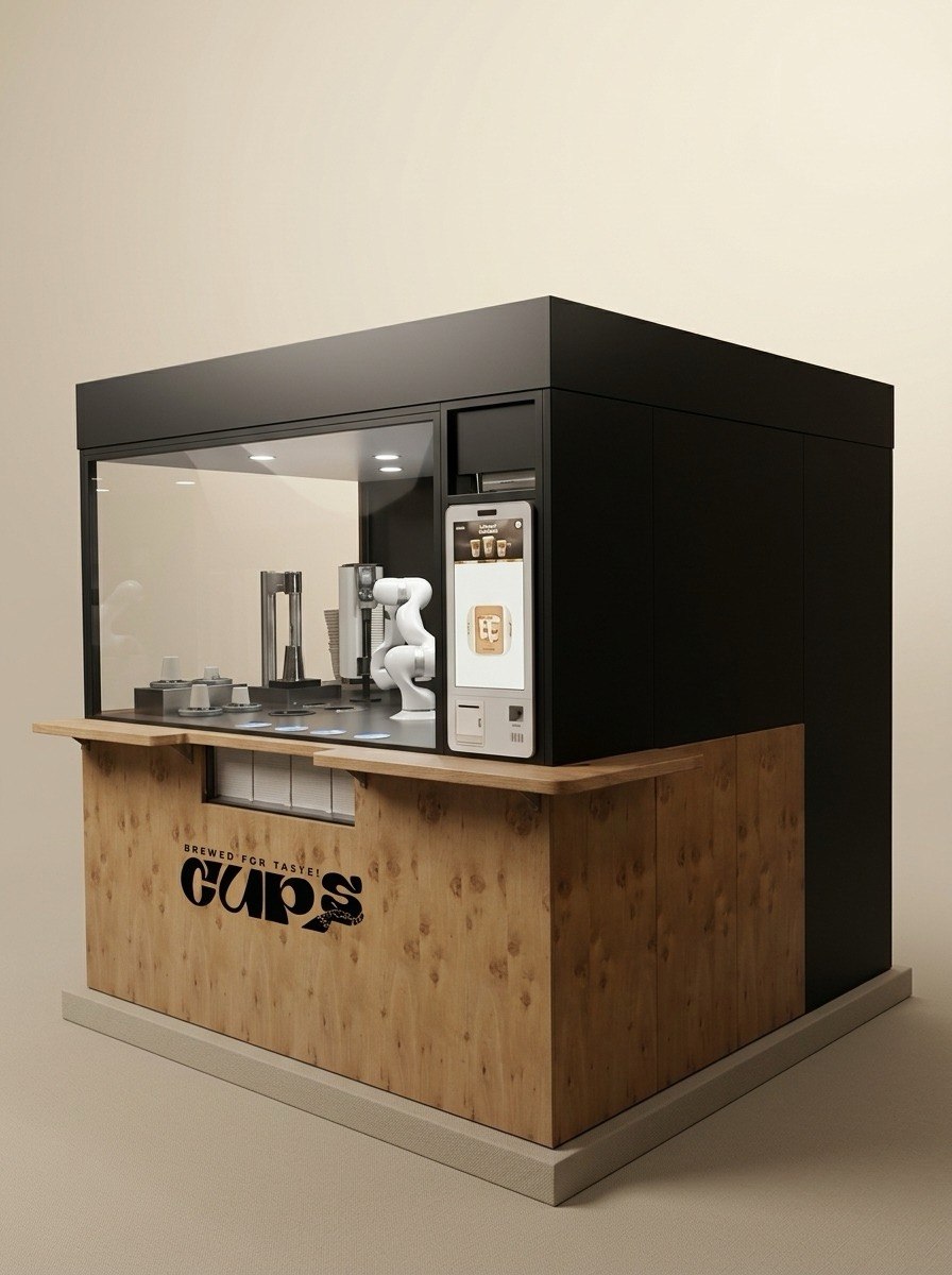 Cup S robotic coffee kiosk with its service counter and ordering screen